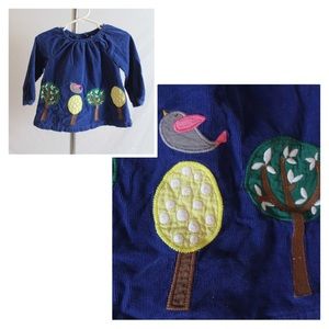 Baby Boden Blue Corduroy Bird Trees Top Dress
